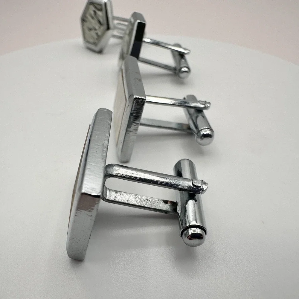 Vintage 60s Mid-Century Silver Tone Cufflink Set Geometric Glass Inlay‎ Jewelry